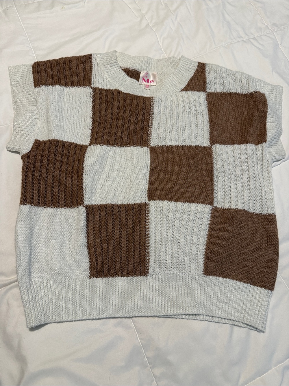So Me Checkerboard Knit Sleeveless Sweater Vest in Brown & Cream